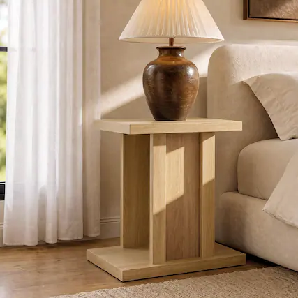 Front. ModernMate - 2-Tier Fluted End Table with Storage Shelf Modern Rectangle Side Table for Living Room - Natural Wood.