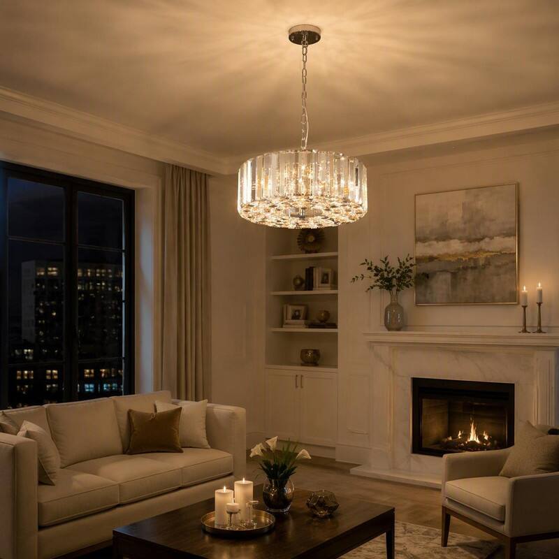 Alt View 1. RYHNUYNE - 17-Inch Chrome Crystal Pendant Light, Modern 4-Light Hanging Chandelier with Adjustable Drop for Living Room.