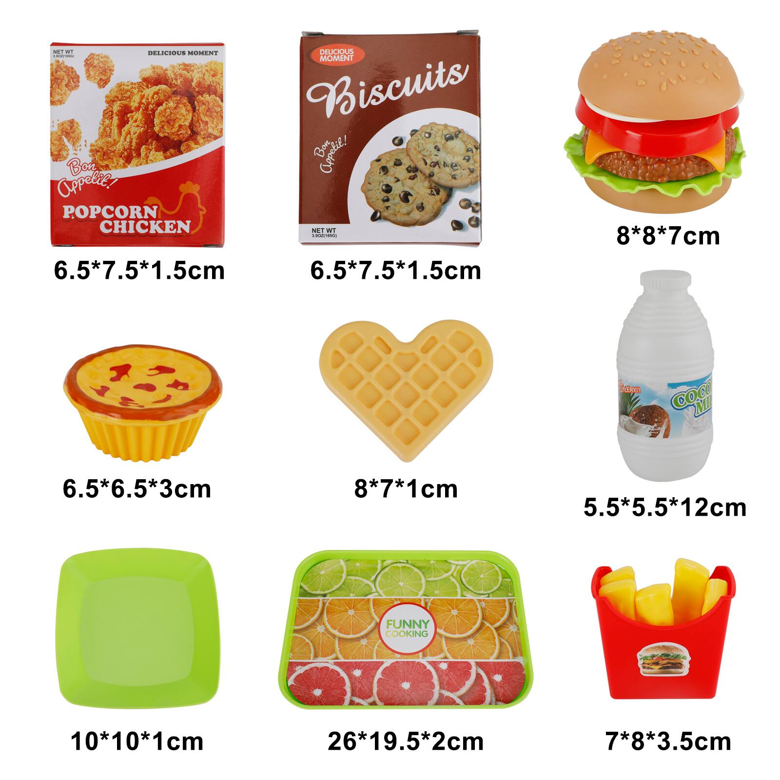 - DELICIOUS MOMENT
  - POPCORN CHICKEN
    - 6.5*7.5*1.5cm
  - Biscuits
    - 6.5*7.5*1.5cm
  - BON OPPOLIE
    - 8*8*7cm
  - COCO
    - 6.5*6.5*3cm
  - POLE
    - 8*7*1cm
  - FUNNY COOKING
    - 5.5*5.5*12cm
    - 10*10*1cm
    - 26*19.5*2cm
    - 7*8*3.5cm