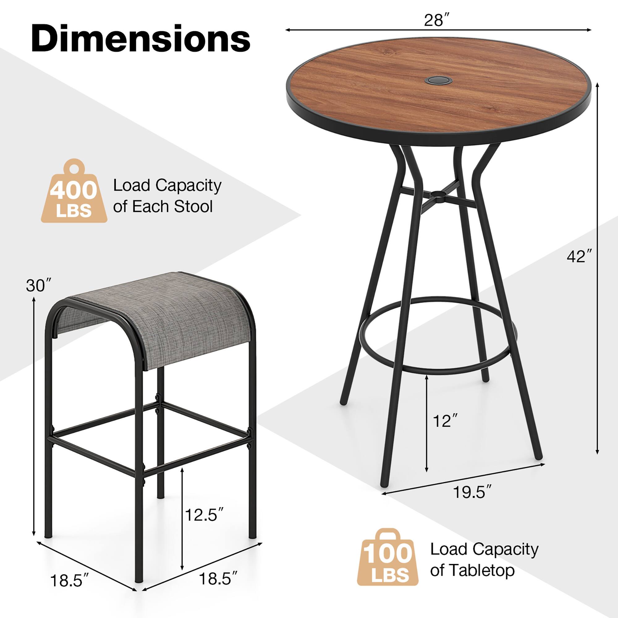 Dimensions

- Tabletop: 28" diameter, 42" height
- Stool: 30" height, 12.5" seat height, 18.5" width, 18.5" depth

Load Capacity
- Each Stool: 400 LBS
- Tabletop: 100 LBS