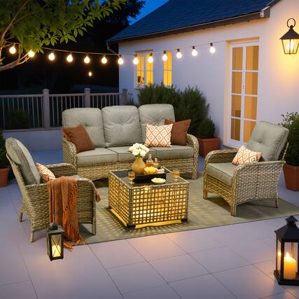 Front. Ovios - 4 PCS Patio Furniture Set, Wicker 3 Seat Sofa, High Back Chair with Coffee Table for Garden - Dark Grey.