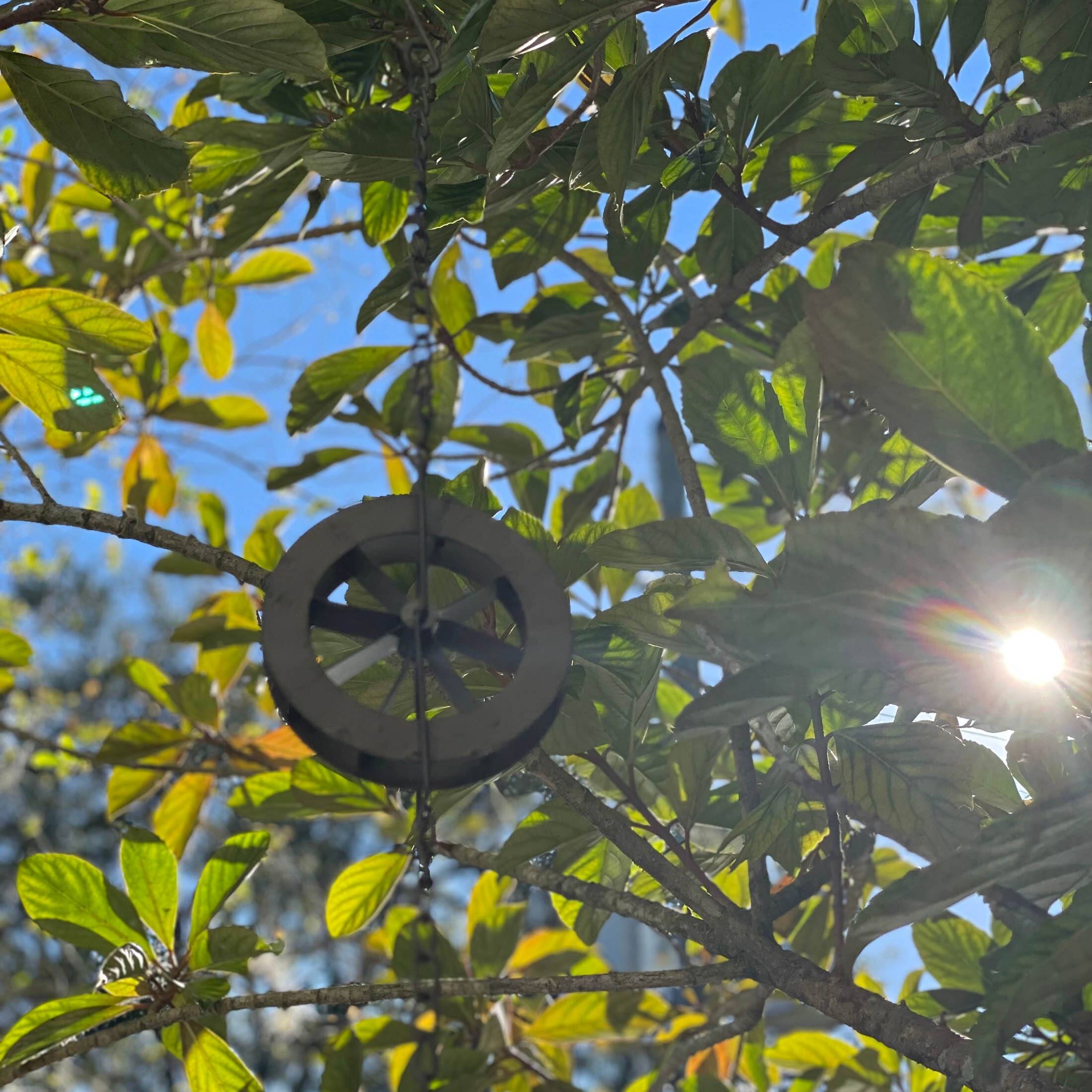 Alt View 3. Things2Die4 - 78-Inch Metal Rain Chain - 6 Water Wheels & Weighted Bell, Rustic Brown Finish - Brown.