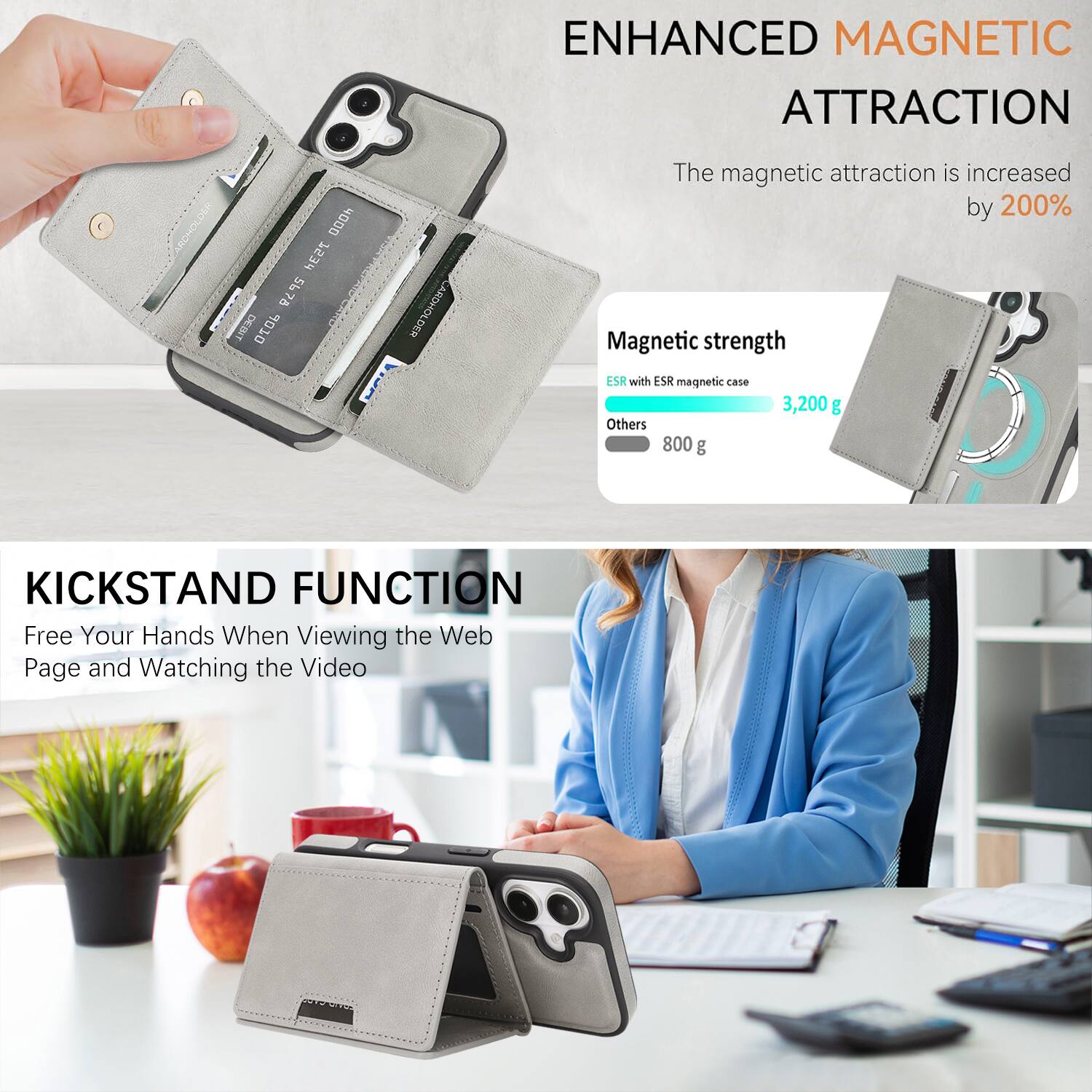 ENHANCED MAGNETIC ATTRACTION

The magnetic attraction is increased by 200%

Magnetic strength
- ESR with ESR magnetic case: 3,200 g
- Others: 800 g

KICKSTAND FUNCTION

Free Your Hands When Viewing the Web Page and Watching the Video