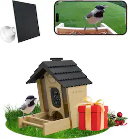 Sensforge - Smart AI Bird Feeder Camera, 2.5K Live View, Solar Wooden Outdoor Feeder, AI Recognition, Weatherproof, Alerts - Natural Wood
