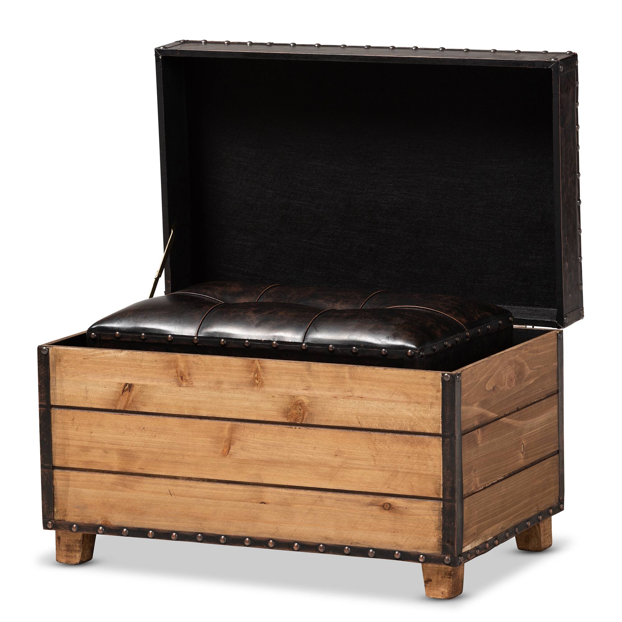Left. Baxton Studio - Marelli Rustic Faux Leather Upholstered 2-Piece Wood Storage Trunk Ottoman Set - Dark Brown/Golden Oak.
