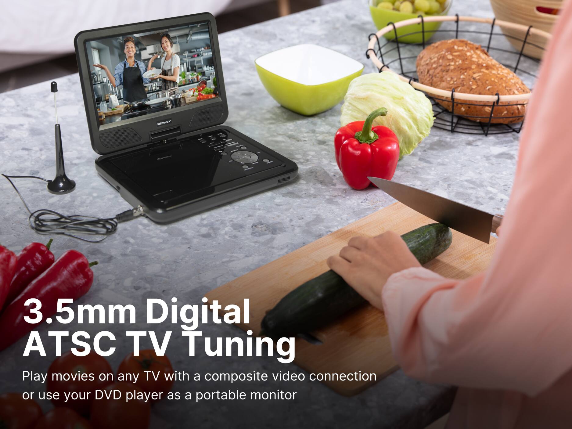 3.5mm Digital ATSC TV Tuning
Play movies on any TV with a composite video connection or use your DVD player as a portable monitor
