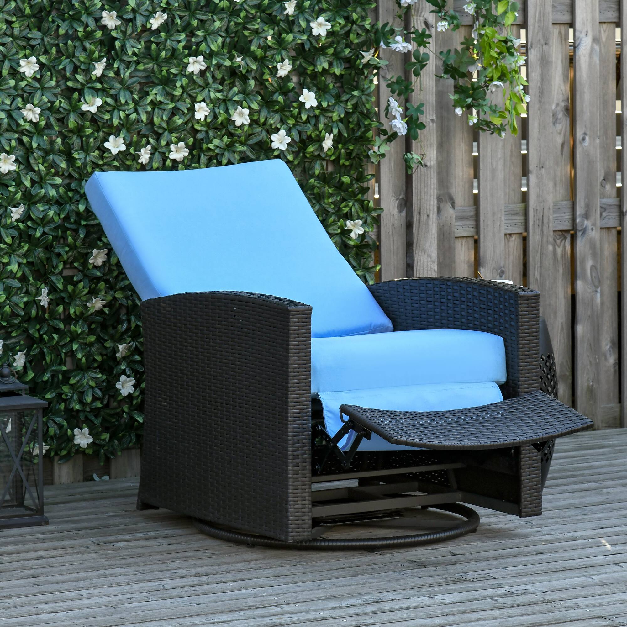 Alt View 1. Outsunny - Outdoor Wicker Swivel Recliner Chair, Reclining Backrest, Lifting Footrest, 360° Rotating Basic, Water Resistant - Light Blue.