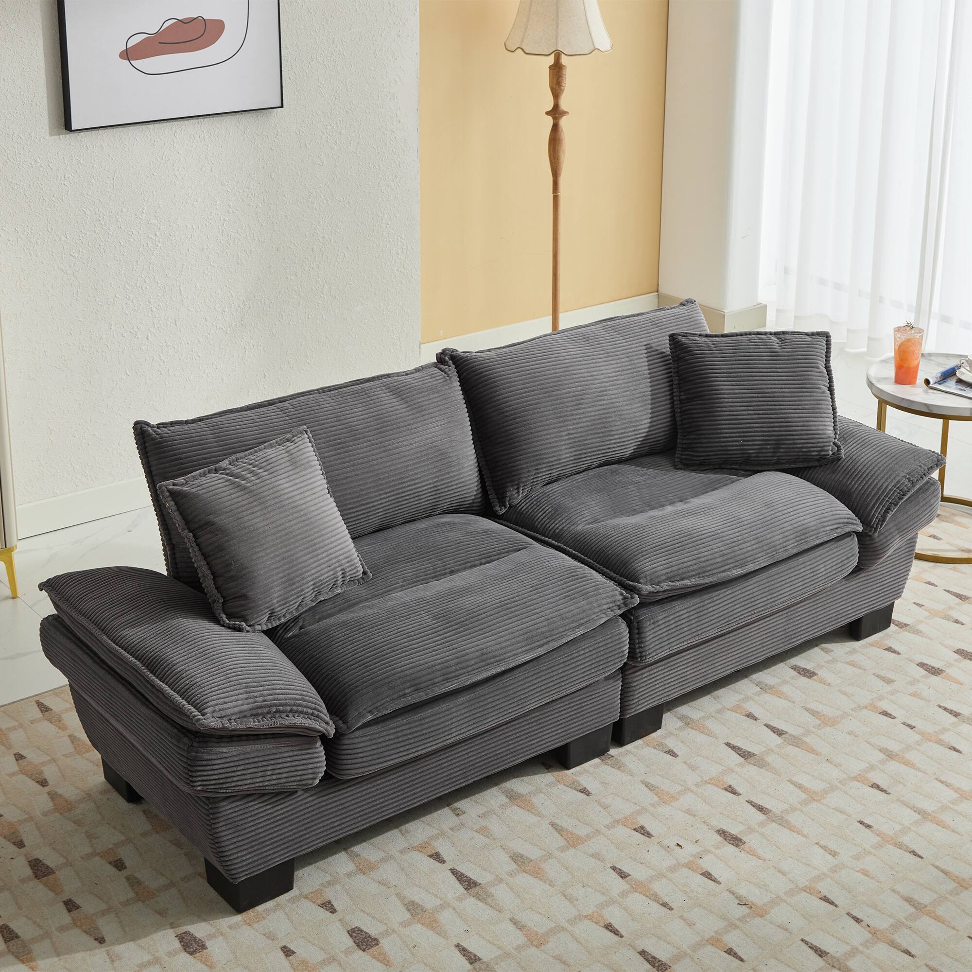 Alt View 9. Tiramisubest - Corduroy Couch Loveseat Sofa with Pillows,Comfy Upholstered Deep Seat Sofa for Bedroom,Living Room,Office-Grey - Grey.