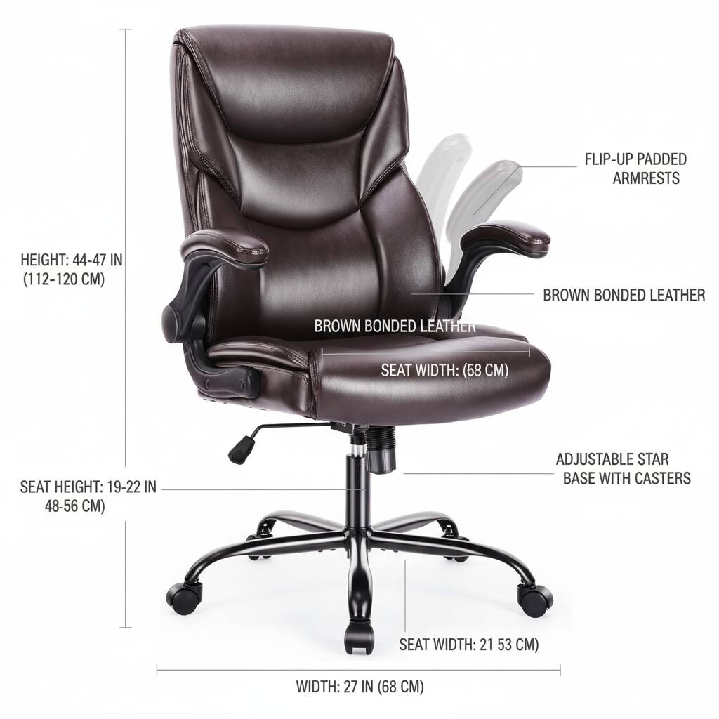 - FLIP-UP PADDED ARMRESTS
- HEIGHT: 44-47 IN (112-120 CM)
- BROWN BONDED LEATHER
- SEAT WIDTH: 68 CM
- SEAT HEIGHT: 19-22 IN (48-56 CM)
- ADJUSTABLE STAR BASE WITH CASTERS
- SEAT WIDTH: 21.53 CM
- WIDTH: 27 IN (68 CM)