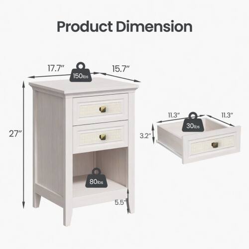 Product Dimension: 17.7" x 15.7" x 27" x 3.2" x 11.3" x 11.3" x 5.5'  
Weight Capacity: 150lbs (top), 30lbs (drawer), 80lbs (bottom)