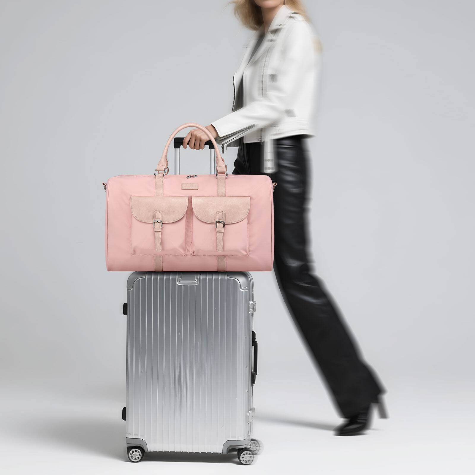 Alt View 7. Unique Bargains - 3pcs Lay-Flat Duffel Bag Set Stylish Weekend Travel Set with Laptop Sleeve & Wet/Dry Storage Carry-On & Short Getaways - Pink.