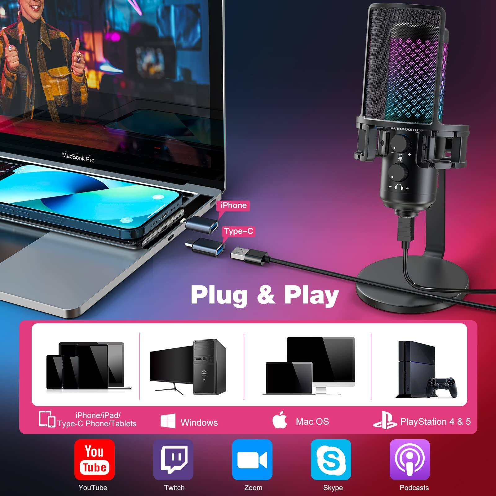 Sure, here is the corrected and grouped text from the image:

---

**Plug & Play**

- iPhone
- Type-C

**Compatible Devices:**
- iPhone/iPad/Type-C Phone/Tablets
- Windows
- Mac OS
- PlayStation 4 & 5

**Supported Platforms:**
- YouTube
- Twitch
- Zoom
- Skype
- Podcasts

---