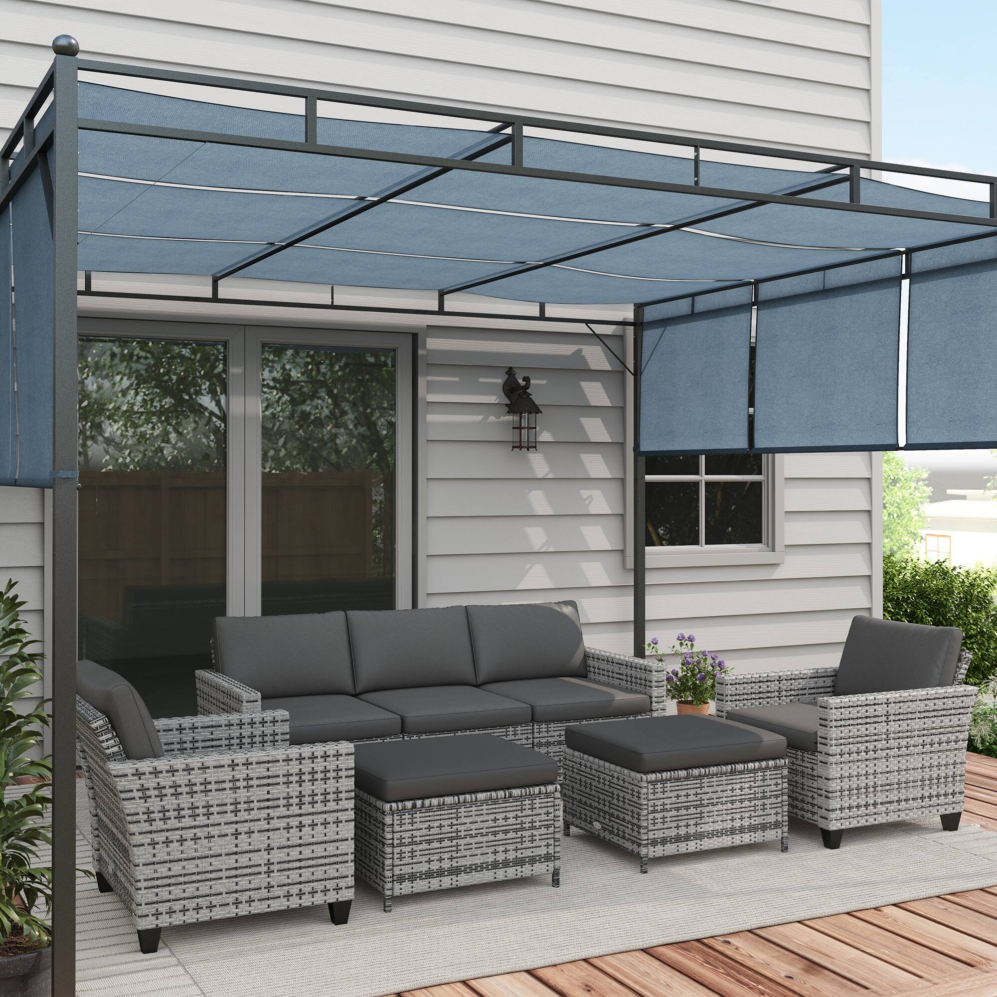 Alt View 1. Outsunny - 5 Piece Patio Furniture Set with Cushions, Outdoor Conversation Set with Rattan 3-Seater Sofa, Chairs & Footstools - Mixed-Gray.