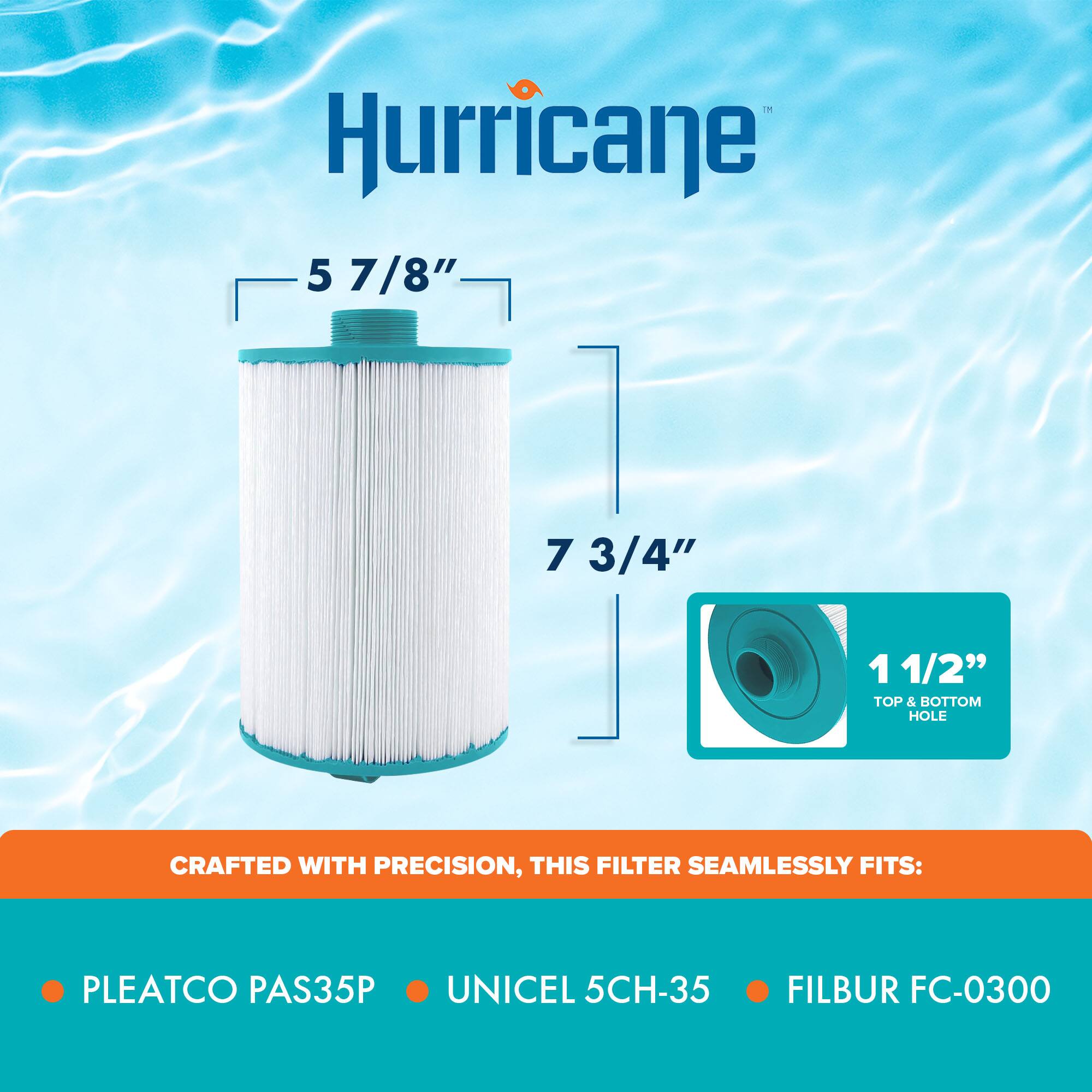 Hurricane 5 7/8" I 7 3/4" I 1 1/2" TOP & BOTTOM HOLE CRAFTED WITH PRECISION, THIS FILTER SEAMLESSLY FITS: PLEATCO PAS35P UNICEL 5CH-35 FILBUR FC-0300