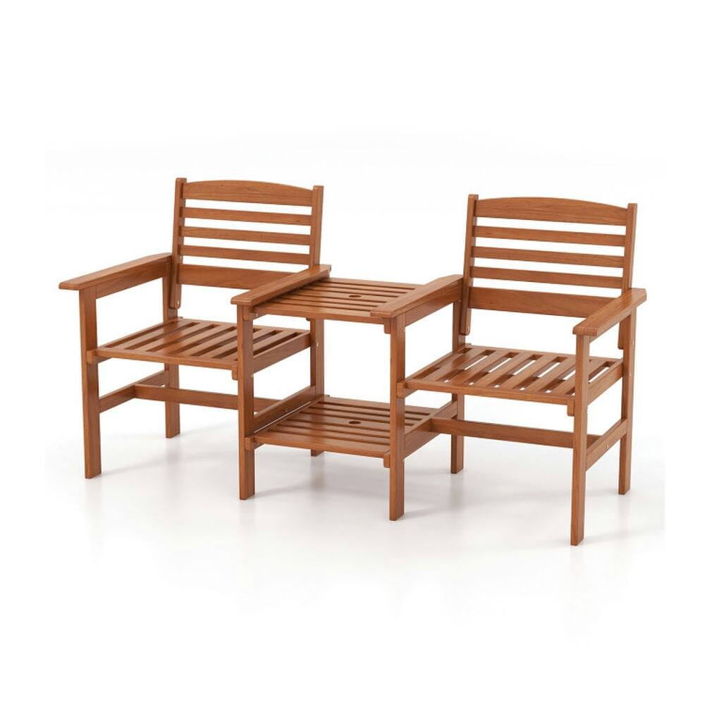 Left. Pefilos - 3-Piece Outdoor Patio Wood 2-Seat Conversation Set with Solid Wood Construction, Outdoor Bistro Set with Coffee Table - Brown.