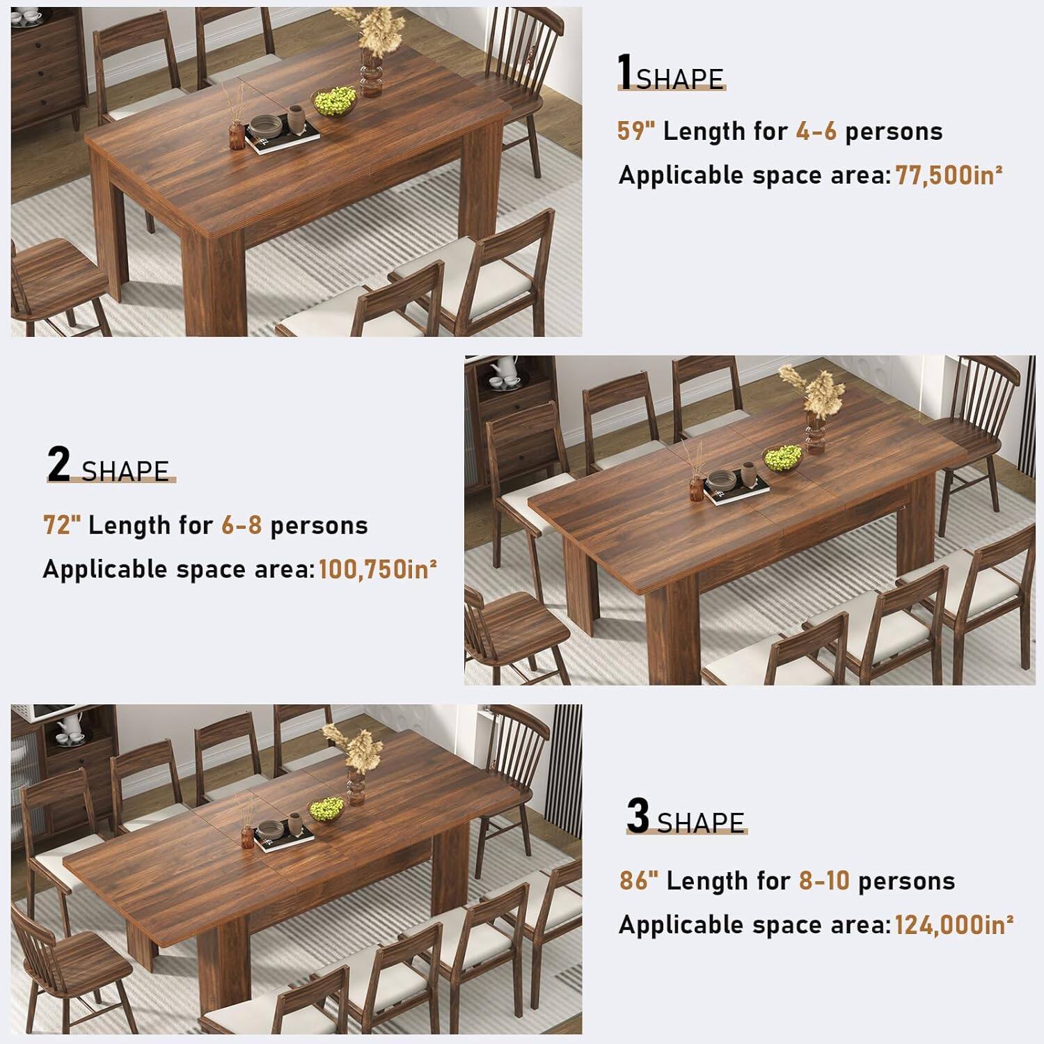 1. SHAPE  
59" Length for 4-6 persons  
Applicable space area: 77,500in²  

2. SHAPE  
72" Length for 6-8 persons  
Applicable space area: 100,750in²  

3. SHAPE  
86" Length for 8-10 persons  
Applicable space area: 124,000in²