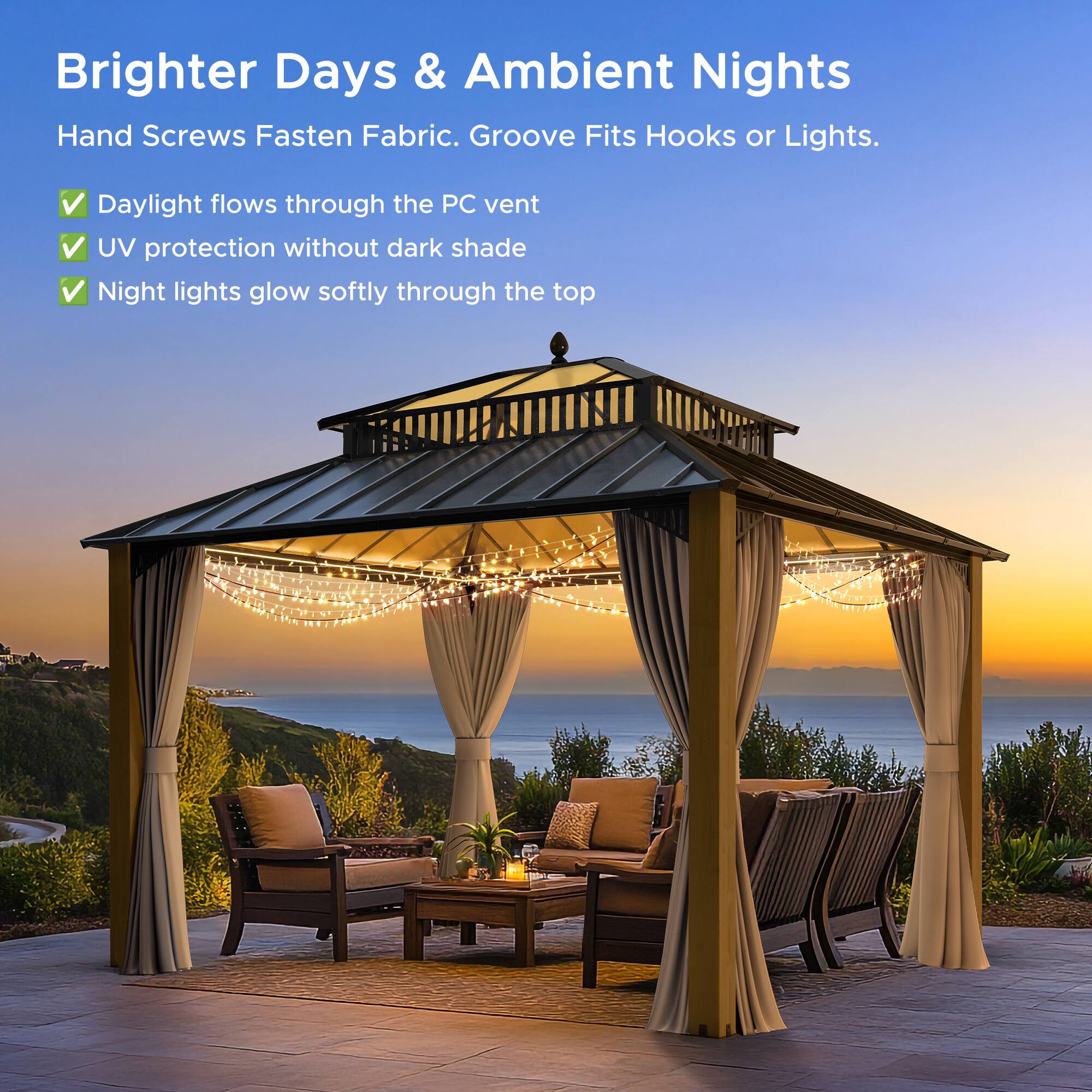 Brighter Days & Ambient Nights  
Hand Screws Fasten Fabric. Groove Fits Hooks or Lights.  

- Daylight flows through the PC vent  
- UV protection without dark shade  
- Night lights glow softly through the top