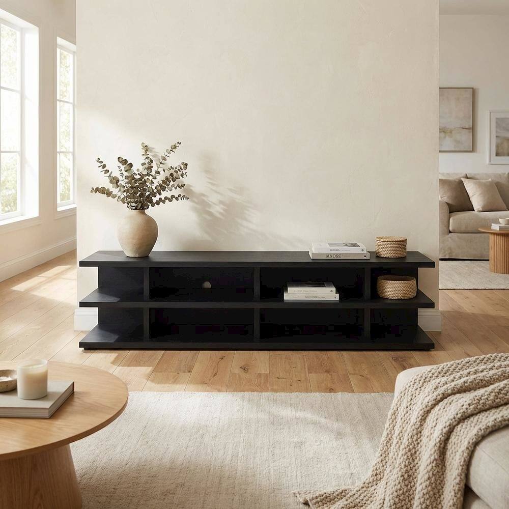 Alt View 2. FurniFact - Black 78-Inch 2-Tier TV Stand Media Console with Contemporary Style - Black.