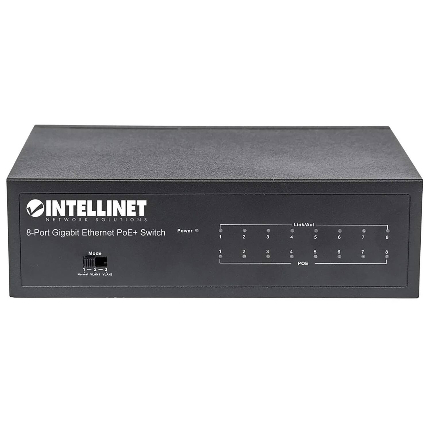INTELLINET NETWORK SOLUTIONS  
8-Port Gigabit Ethernet PoE+ Switch  

Power  

Mode  
1-2-3  
2 - VLARI  
VLARI 1 . 2  3 . d . POE 5 . 6 . 7 - 8 .  

Link/Act  
1 2 3 4 5 6 7 8