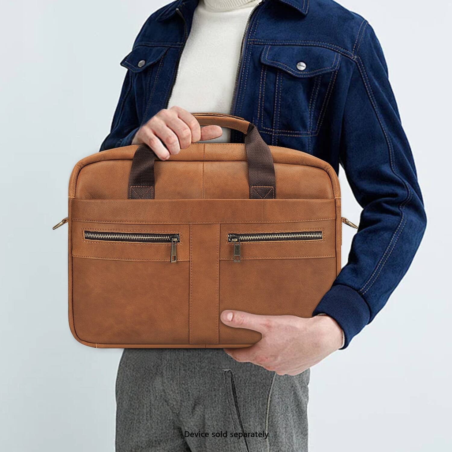 The man is holding a brown bag, which is a part of the product. The bag is designed to be carried by hand and is suitable for everyday use. The bag is made of leather and has a handle for easy carrying. The bag is a part of the product and is not sold separately.