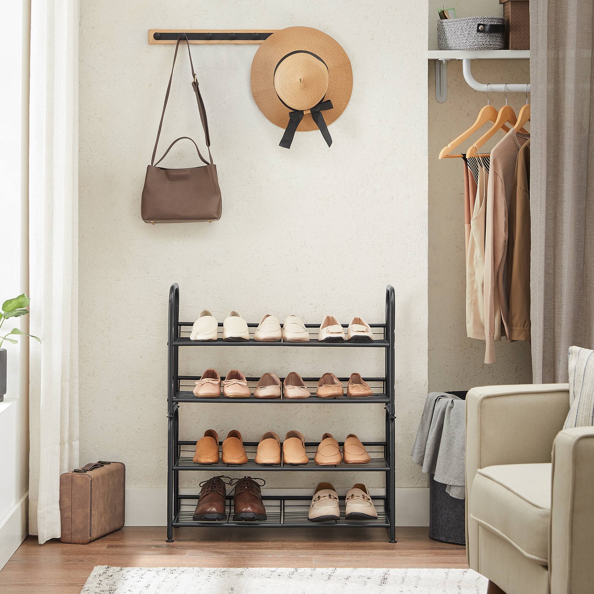 Left. Songmics Home - Shoe Rack, 2 Tier Shoe Organizer for Closet, Holds up to 8 Pairs of Shoes, Shoe Rack for Front Door Entrance - Black.