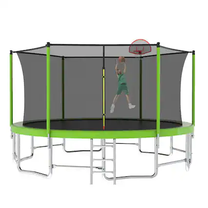 Front. Anysun - 16FT Trampoline with Balance Bar & Basketball Hoop&Ball, ASTM Approved Reinforced Type Outdoor Trampoline - Green.