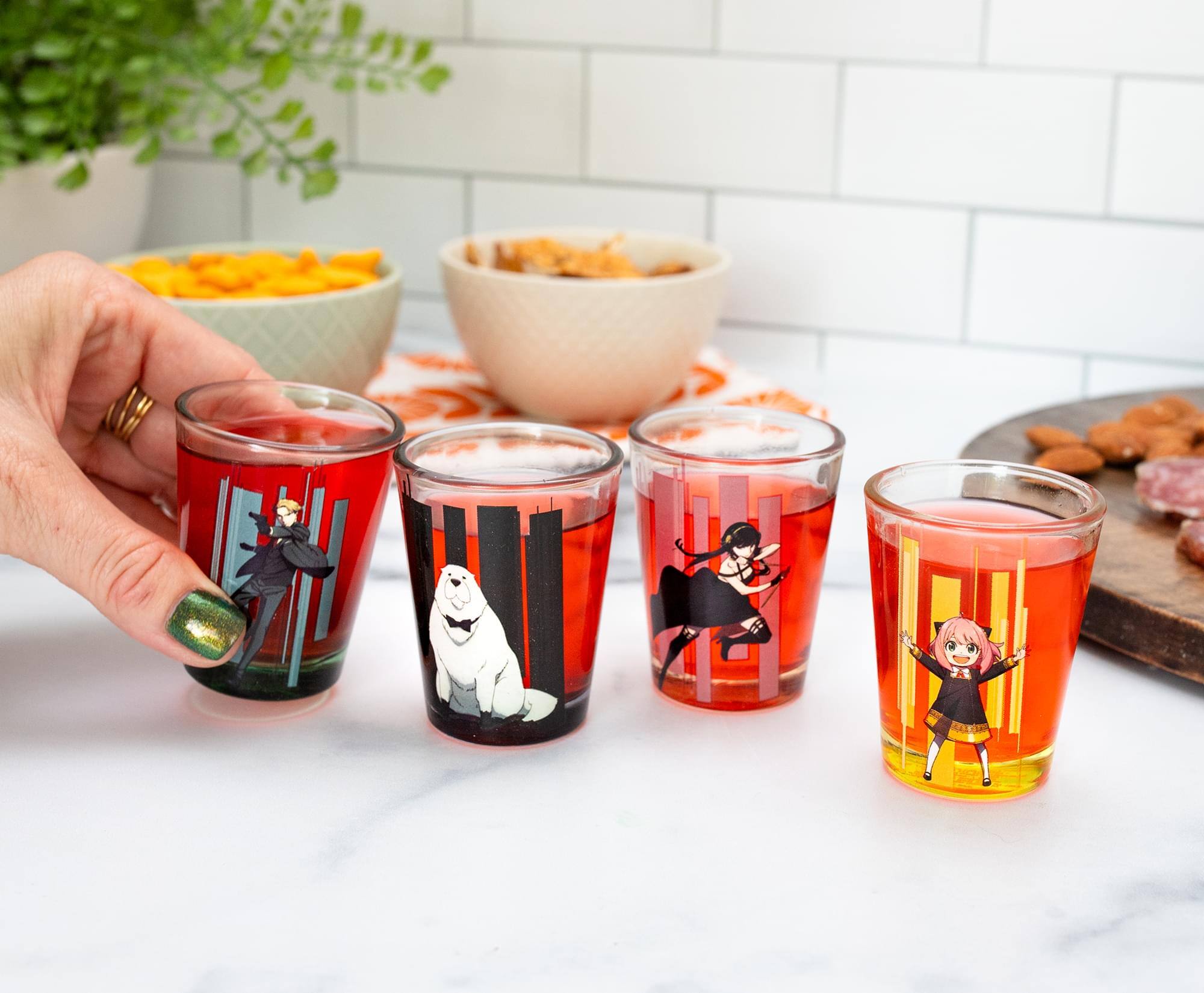 Alt View 5. Silver Buffalo - Spy x Family Trio and Logo 2-Ounce Mini Shot Glasses | Set of 4 - Pink.