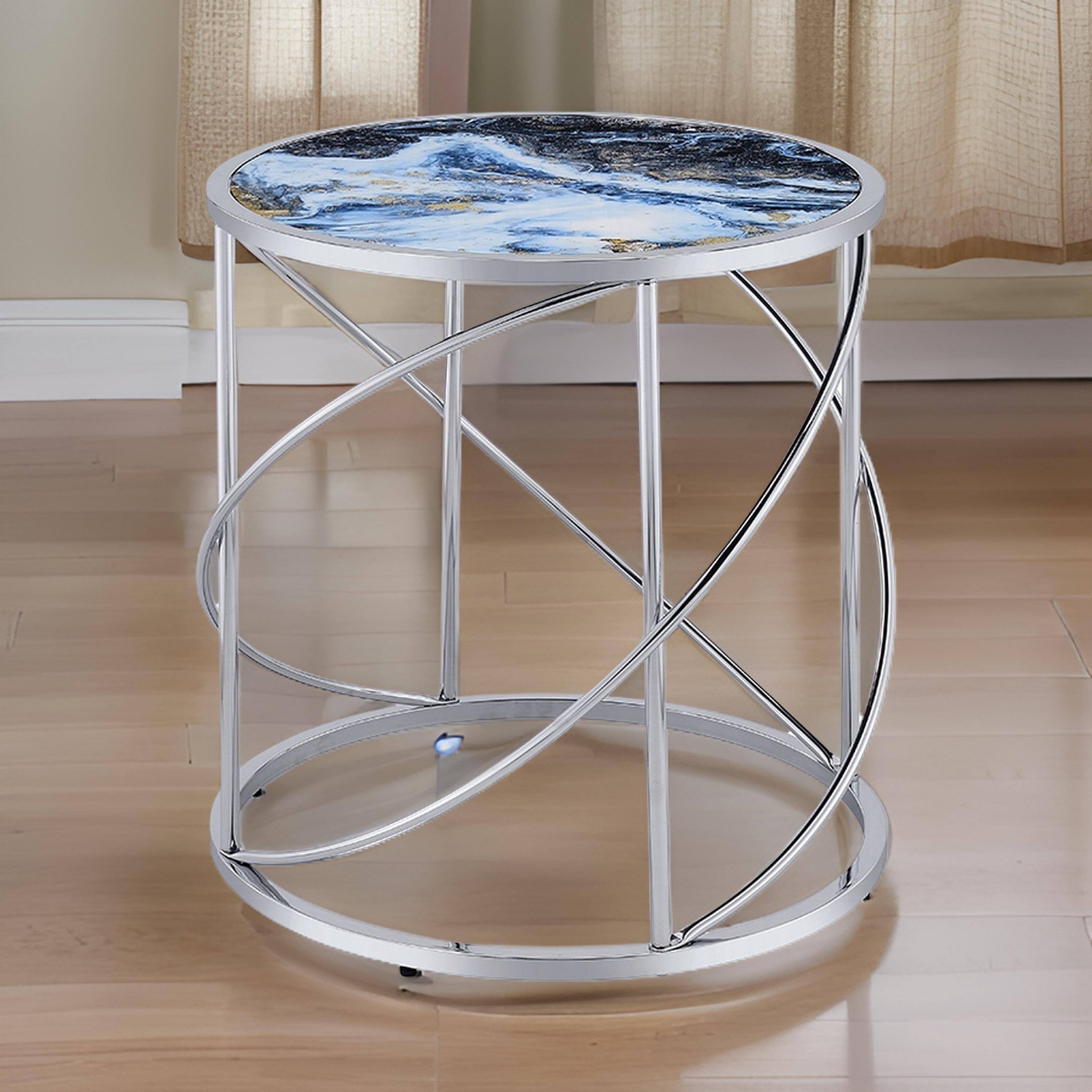 Alt View 5. Manhattan Lane - Shira Round Side End Table, 22 Inch, Open Chrome Base Blue Faux Marble - Blue, Chrome.