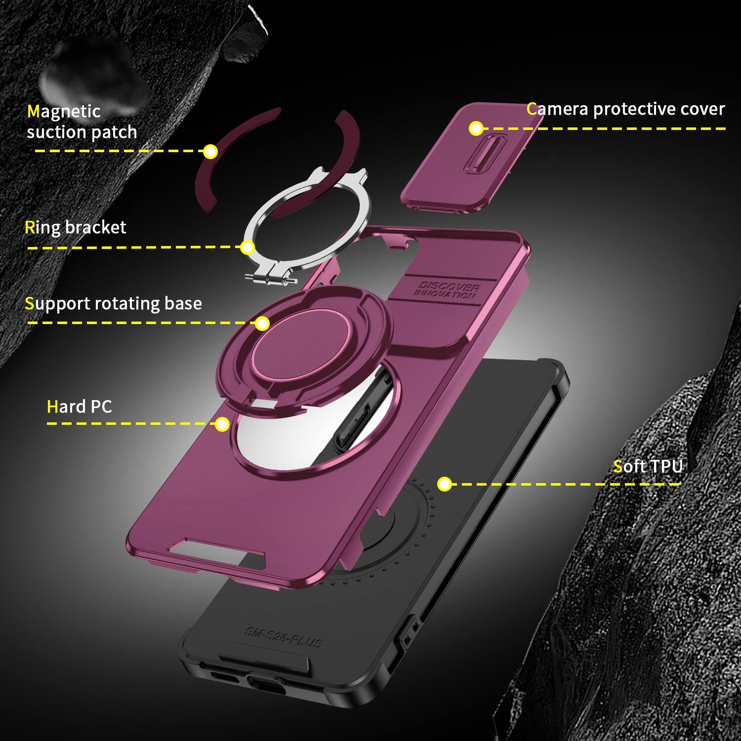 Magnetic suction patch  
Camera protective cover  
Ring bracket  
Support rotating base  
DISCOVER INNOVATION  
Hard PC  
Soft TPU  
SM-S26-PLUS