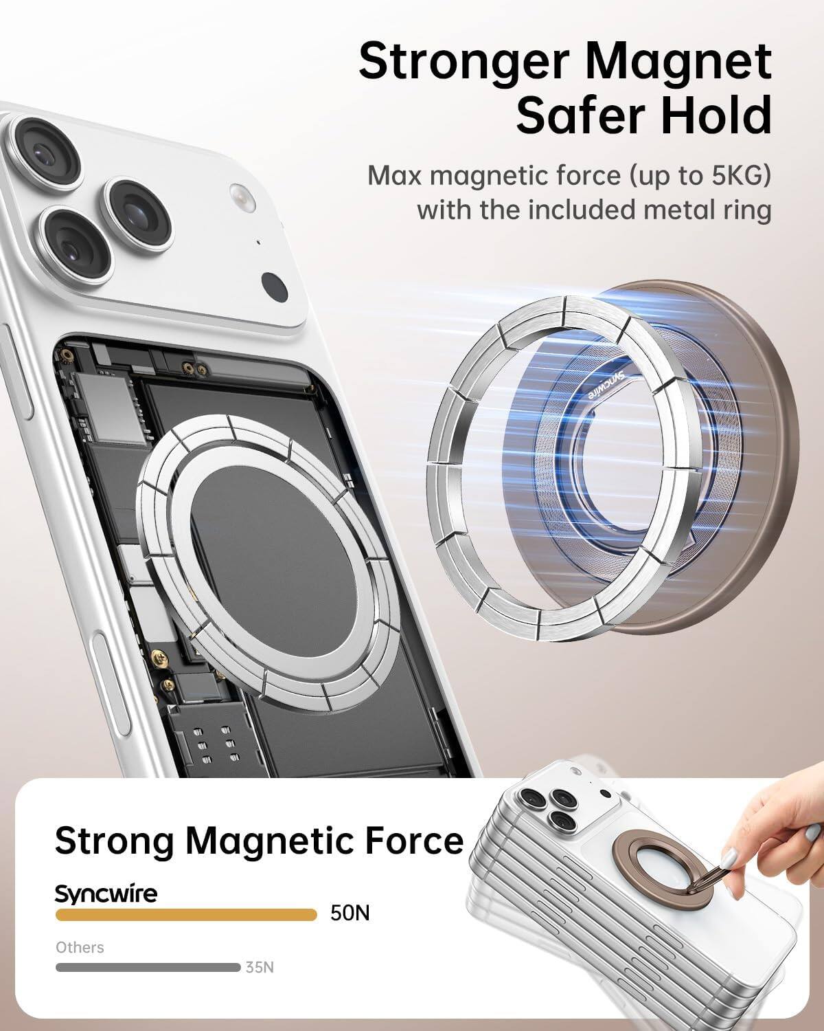 Stronger Magnet Safer Hold  
Max magnetic force (up to 5KG) with the included metal ring

Syncwire  
Strong Magnetic Force  
Syncwire 50N

Others  
35N