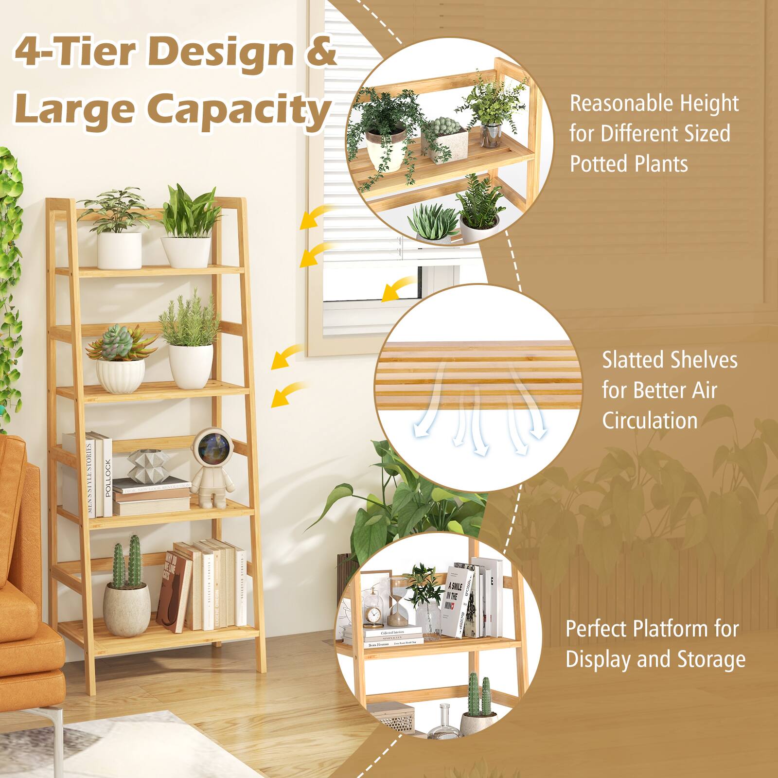 4-Tier Design & Large Capacity: Reasonable Height for Different Sized Potted Plants
STORIES MEASUREMENTS STORIES DET DXSII POLLOCK DCA | SL D Slatted Shelves for Better Air Circulation
Perfect Platform for Display and Storage