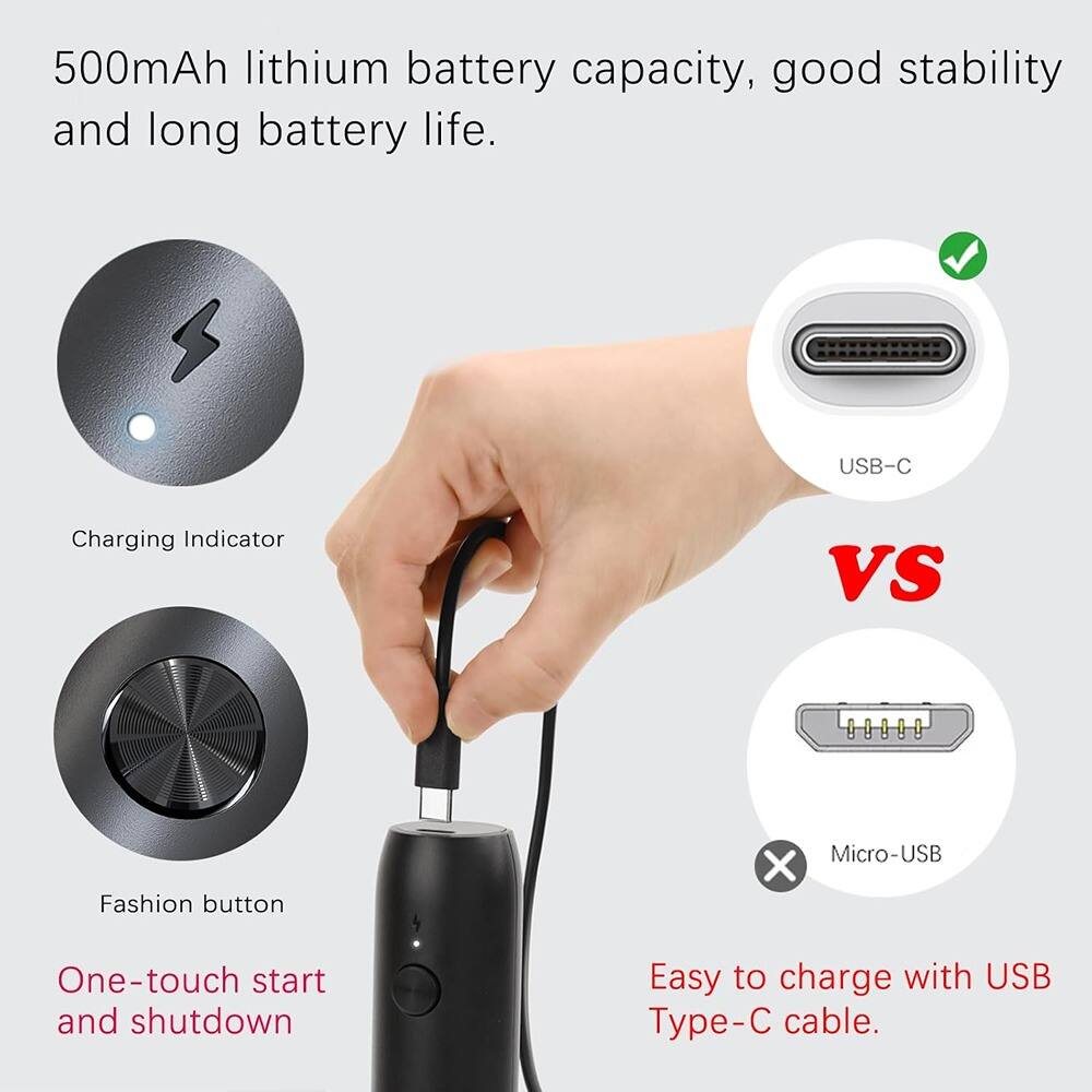 500mAh lithium battery capacity, good stability and long battery life.

- Charging Indicator
- Fashion button
- One-touch start and shutdown

VS

- Easy to charge with USB Type-C cable.