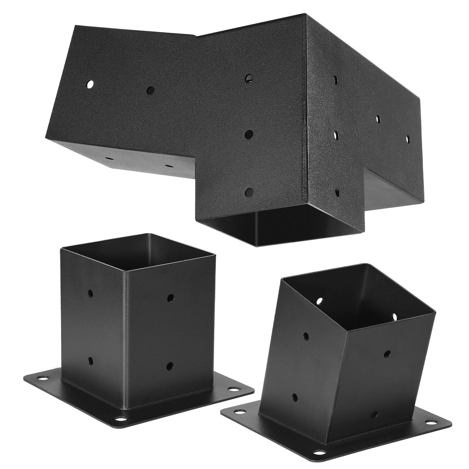 Alt View 5. VEVOR - Pergola Kit, 4x4 Inch 3-Way Angled Brackets for 3.5x3.5 Inch Wooden Beams, 2-Pack with Post Bases and Wall Mounts - Black.