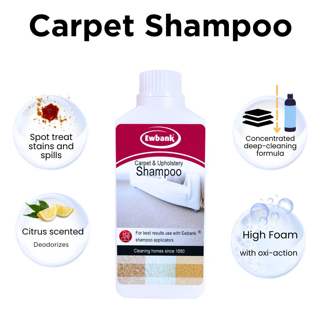 Carpet Shampoo

Spot treat stains and spills

Ewbank Carpet & Upholstery Shampoo

Concentrated deep-cleaning formula

Citrus scented

Deodorizes

For best results with Ewbank use shampoo applicators

Cleaning homes since 1880

High Foam with oxi-action