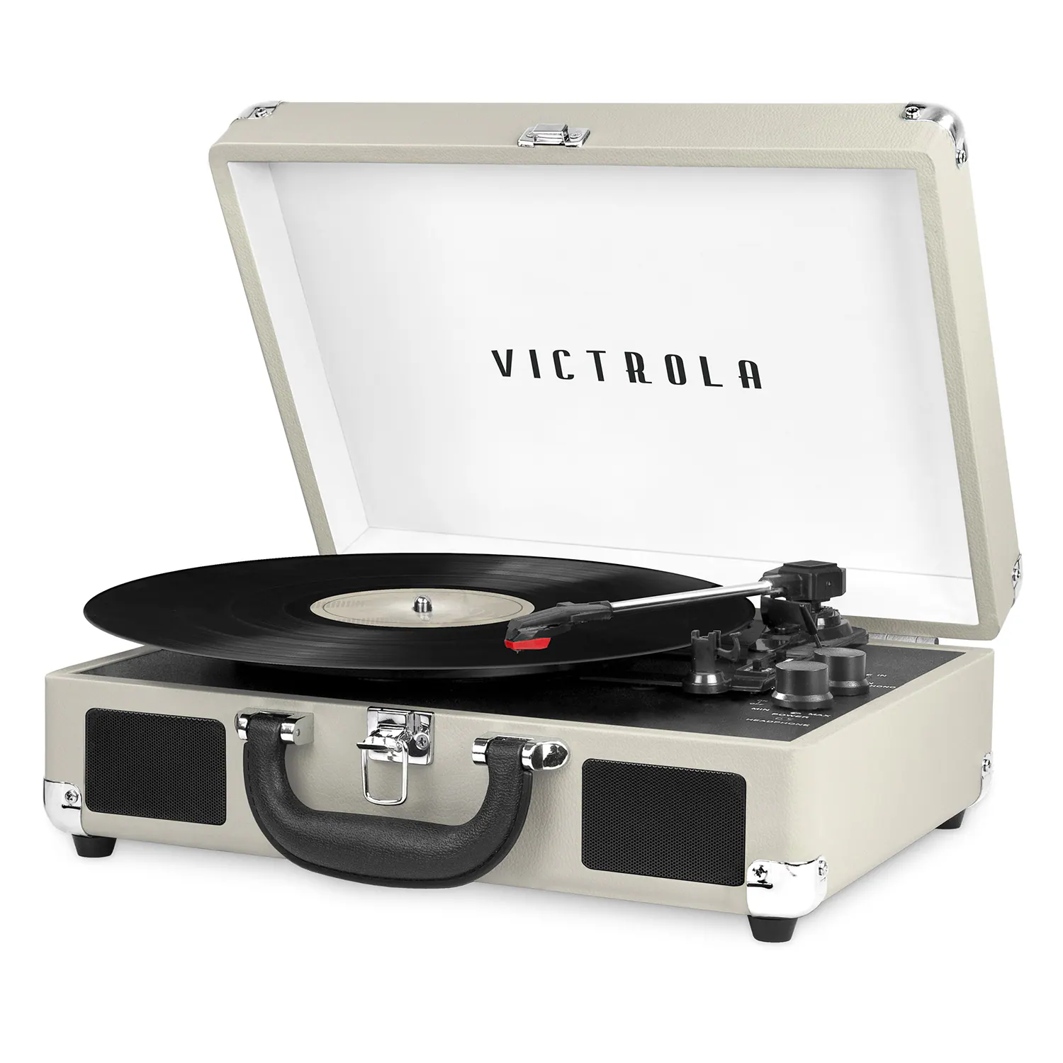 Front. Victrola - Journey Bluetooth Suitcase Record Player with 3-speed Turntable - Light Grey.
