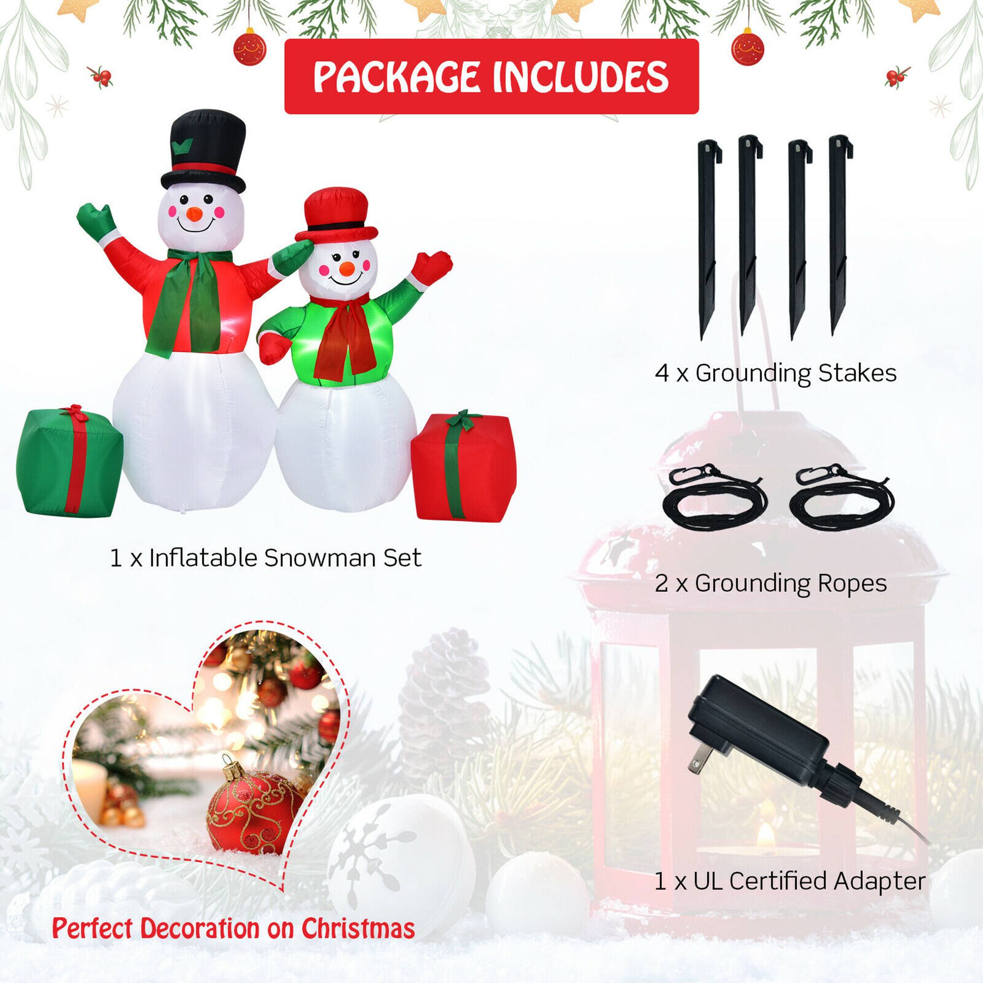 PACKAGE INCLUDES

- 1 x Inflatable Snowman Set
- 4 x Grounding Stakes
- 2 x Grounding Ropes
- 1 x UL Certified Adapter

Perfect Decoration on Christmas