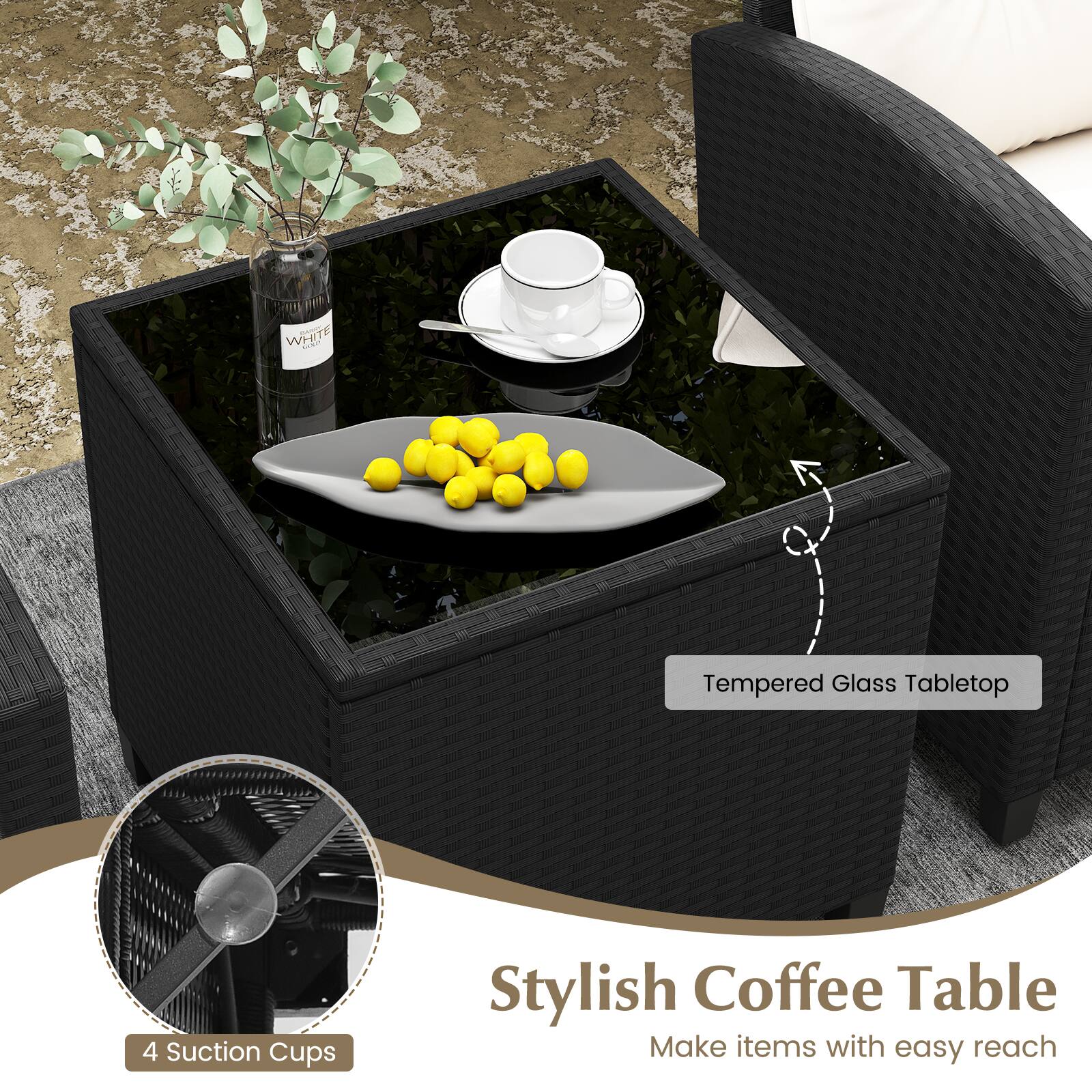 WHITE GE 7 Tempered Glass Tabletop 4 Suction Cups Stylish Coffee Table Make items with easy reach