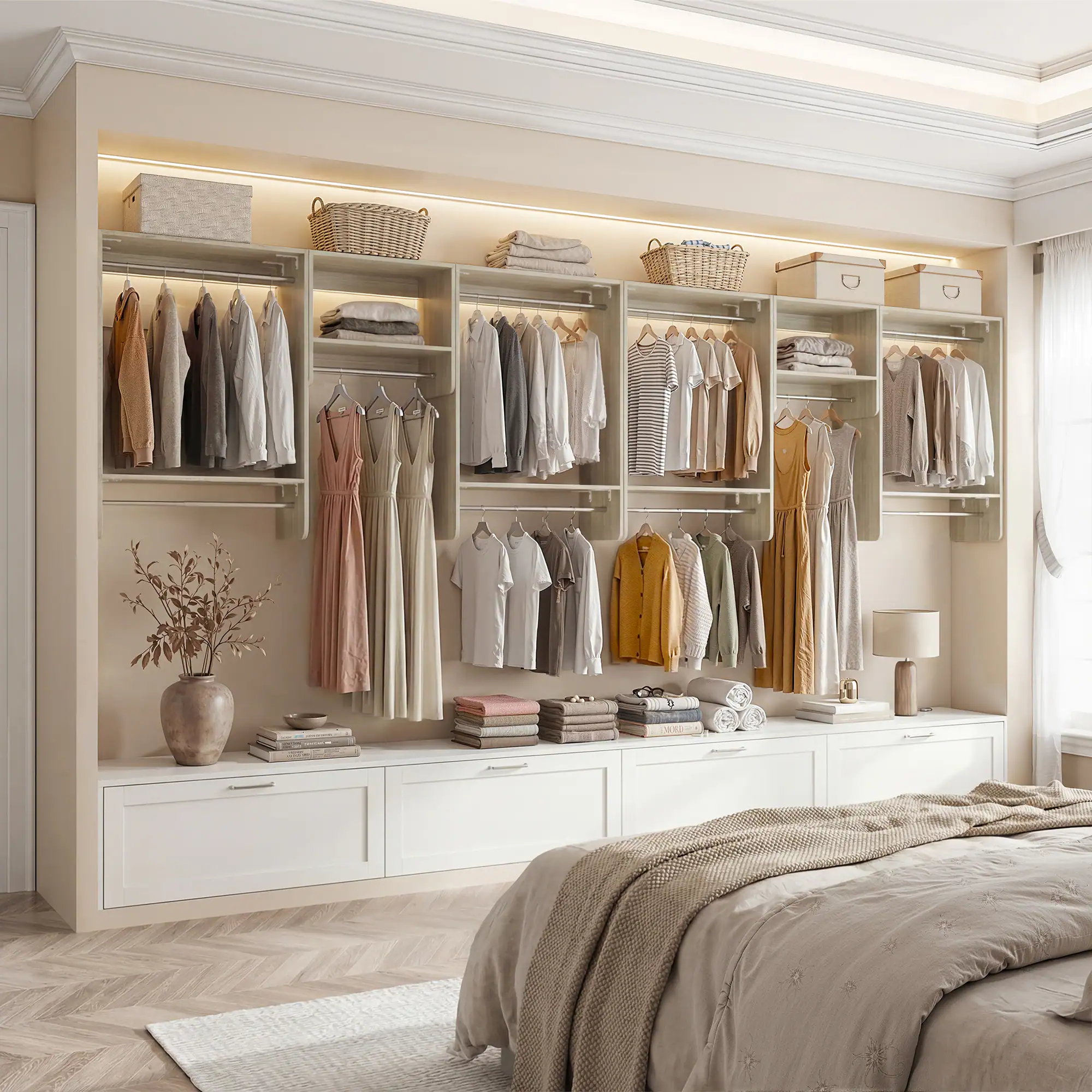 Left. Aheaplus - 36'' - 96'' Wall Mounted Closet System with 5 Hanging Rods and 4 Shelves, Max Load 12000 LBS - Beige Oak.