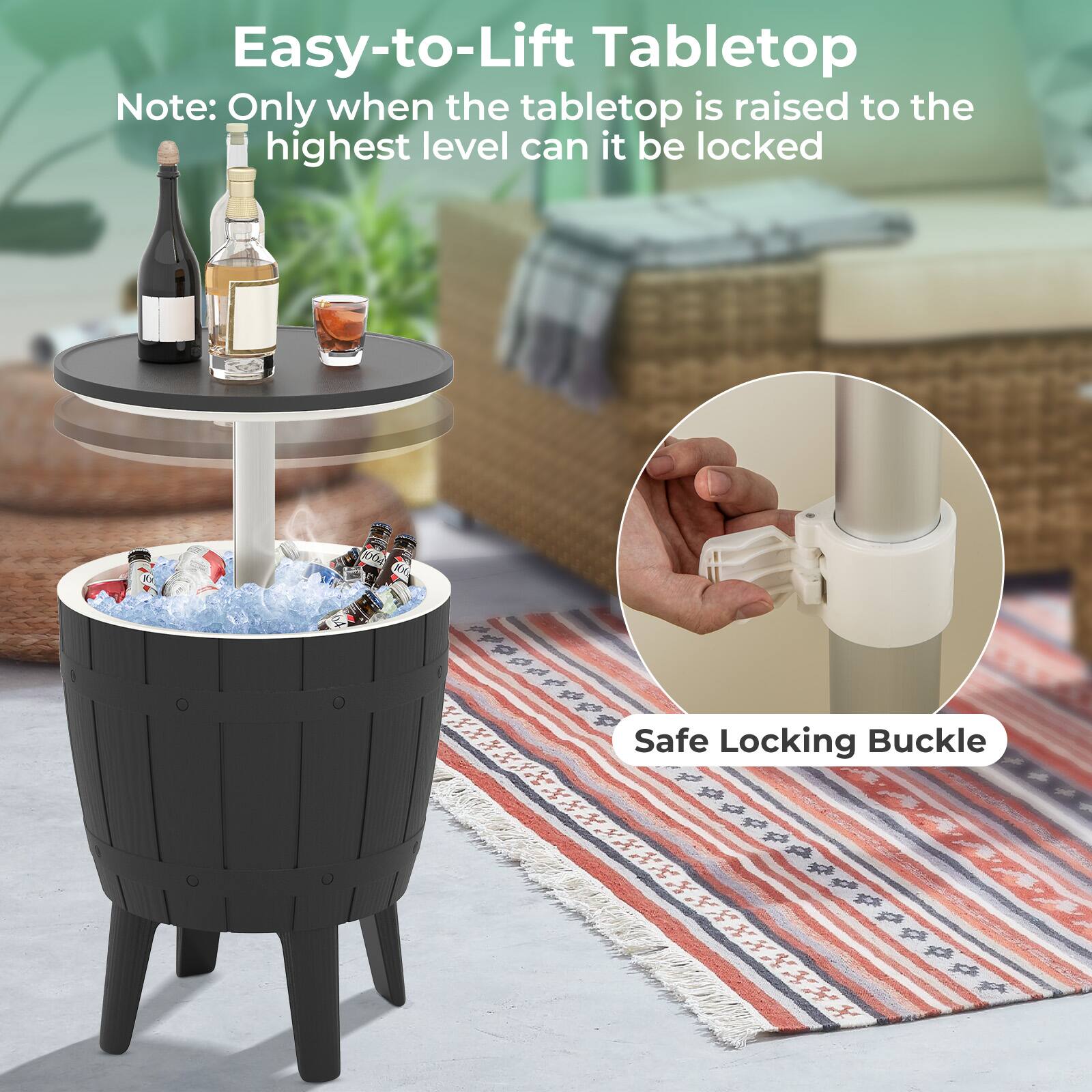 Easy-to-Lift Tabletop  
Note: Only when the tabletop is raised to the highest level can it be locked  

Safe Locking Buckle