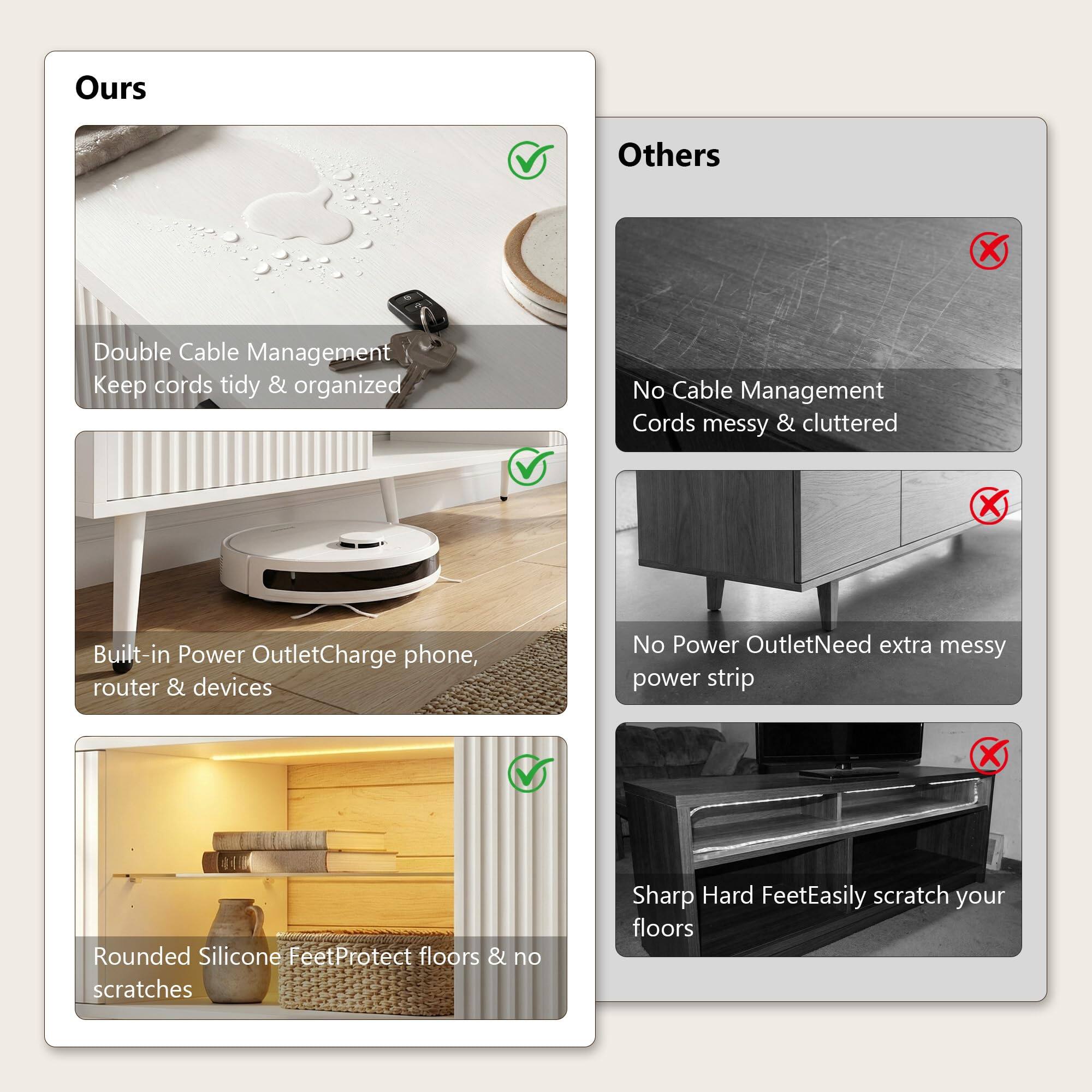 Ours  
Double Cable Management  
Keep cords tidy & organized  

Built-in Power Outlet  
Charge phone, router & devices  

Rounded Silicone Feet  
Protect floors & no scratches  

Others  
No Cable Management  
Cords messy & cluttered  

No Power Outlet  
Need extra messy power strip  

Sharp Hard Feet  
Easily scratch your floors