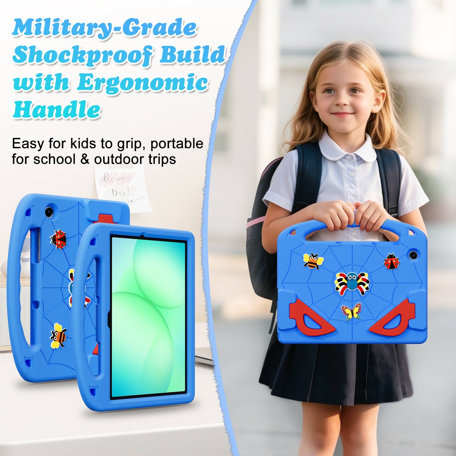 Military-Grade Shockproof Build with Ergonomic Handle  
Easy for kids to grip, portable for school & outdoor trips