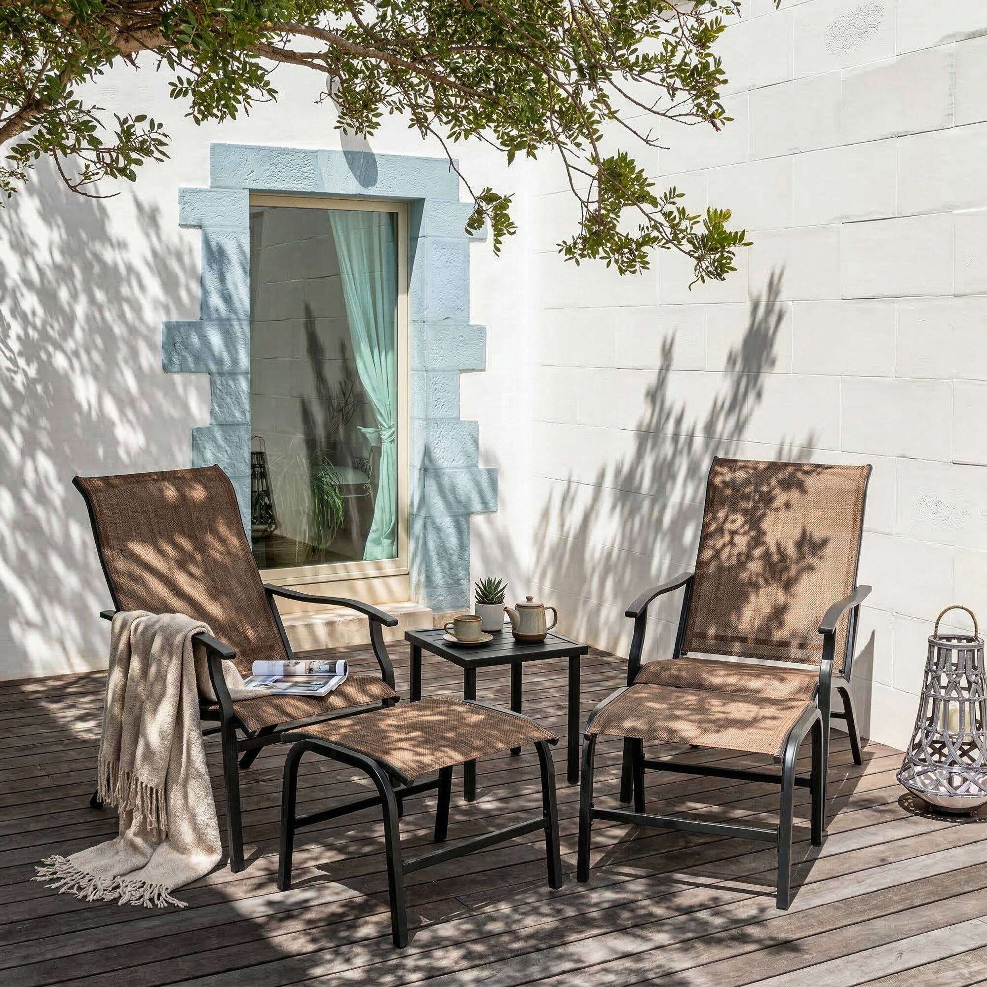 Angle. Nuu Garden - 3-Piece Patio Chaise Lounge Set, Textilene Patio Chaise Lounges, Side Table - Black and Brown.