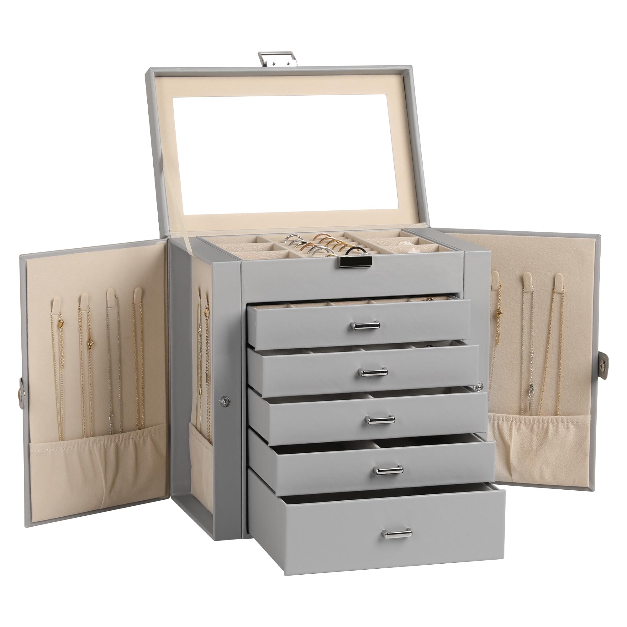 Empire DigiLabs - Large Box 6-tier Pu Leather Organizer Multi-functional Storage Case With Mirror Accessories Holder For Neck - Grey Large