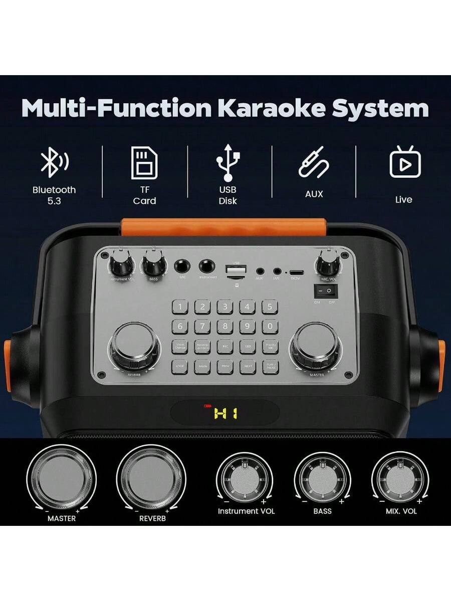 Multi-Function Karaoke System

- Bluetooth 5.3
- TF Card
- USB Disk
- AUX
- Live

Controls:
- MASTER
- REVERB
- Instrument VOL
- BASS
- MIX. VOL

Buttons:
- 1 2 3 4 5
- 6 7 8 9 0
- D1E
- CH
- UC
- JX
- DME
- OCV
- MC
- POS
- et
- 1 2 3 4 5
- CH
- D1E
- 6 7 8 9 0
- C ak
- MI noe
- NEST
- XVEKR
- MBTHL
- H-1

Additional Features:
- MIC VOL
- AUX
- LIVE
- DISC
- ON/OFF