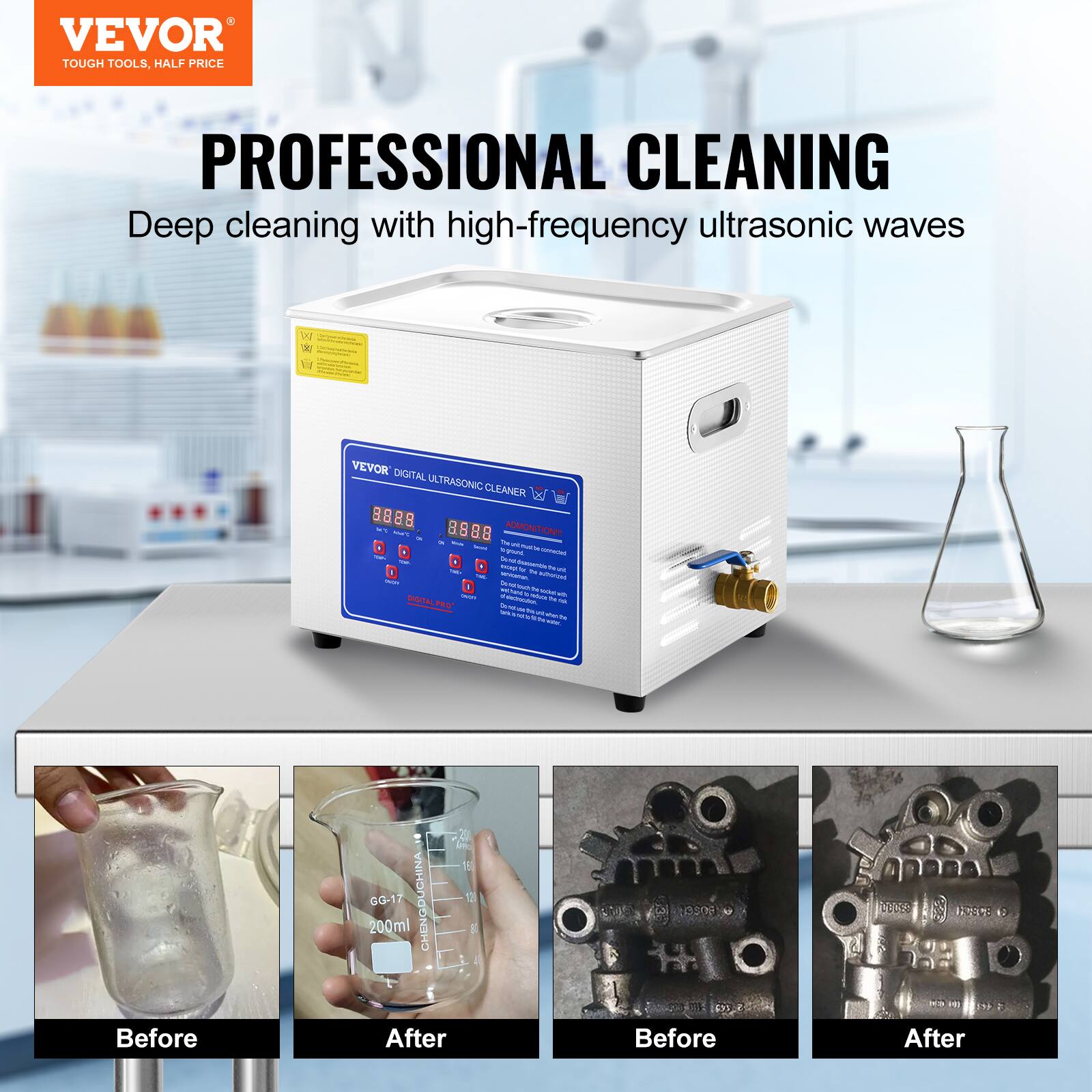 VEVOR TOUGH TOOLS, HALF PRICE PROFESSIONAL CLEANING  
Deep cleaning with high-frequency ultrasonic waves  

VEVOR ENSITAL ULTRASONIC CLEANER  

Before After  
Before After