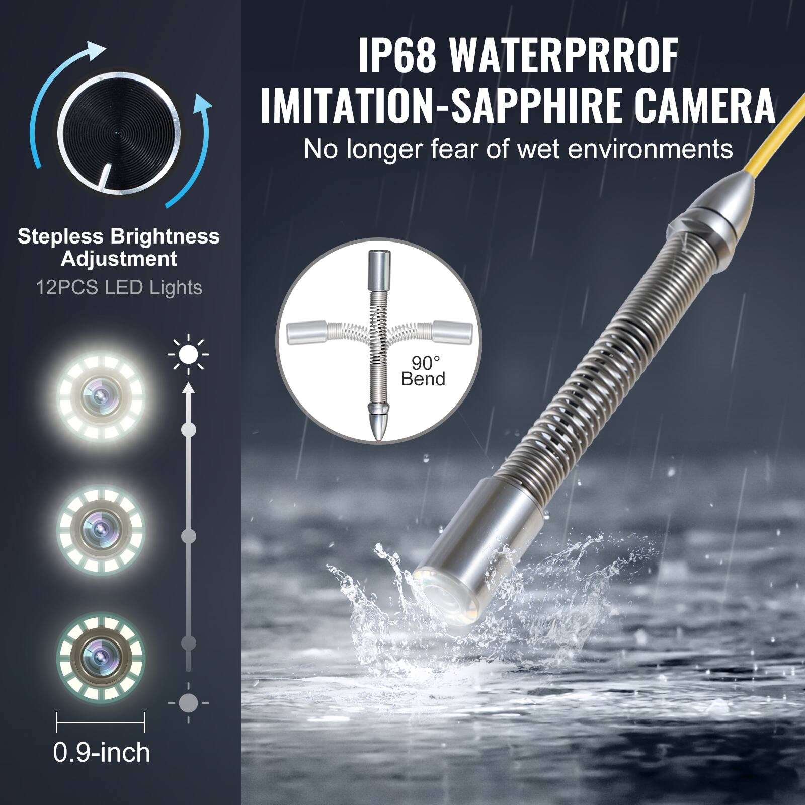 IP68 WATERPROOF IMITATION-SAPPHIRE CAMERA  
No longer fear of wet environments  
Stepless Brightness Adjustment  
12PCS LED Lights  
90° Bend  
0.9-inch