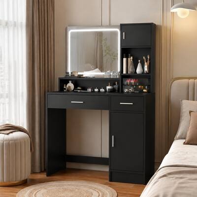 Front. RYHNUYNE - Vanity Desk with Mirror and LED Light Strip, Large Drawer, 3 Level Storage Dresser, Black Makeup Table for Bedroom - Black.