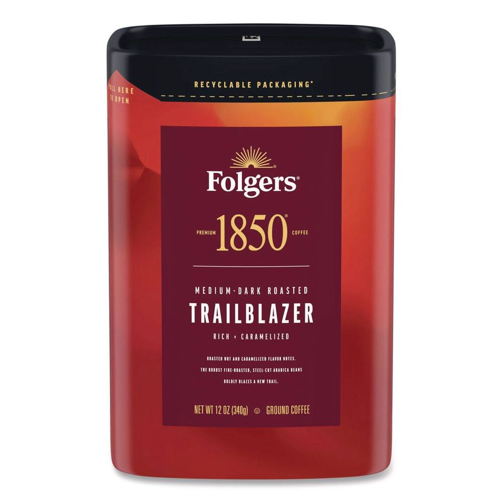 Folgers 1850 Premium Coffee  
Medium-Dark Roasted  
Trailblazer  
Rich - Caramelized  
Roasted Nut and Caramelized Flavor Notes.  
The Robust, Fire-Roasted, Steel-Cut Arabica Beans  
Doubly Blazed.  
Net WT 12 OZ (340g)  
Ground Coffee  
Recyclable Packaging*  
Pull Here to Open