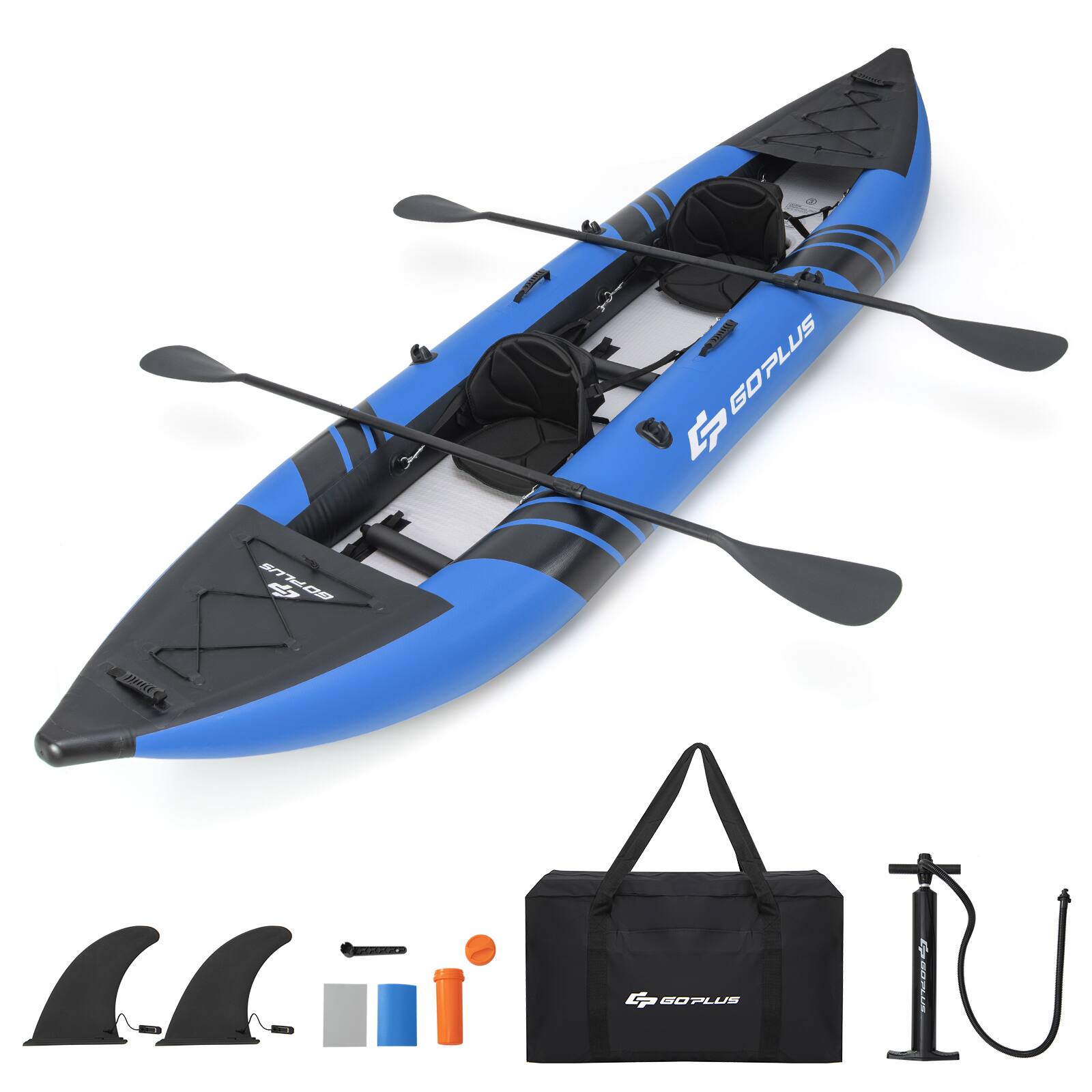 The image shows a blue and black kayak with two oars, a bag, and a paddle. The kayak is designed for two people, and it appears to be a GOPLUS G SDB 4 pant. The bag and paddle are essential accessories for a kayaking adventure.