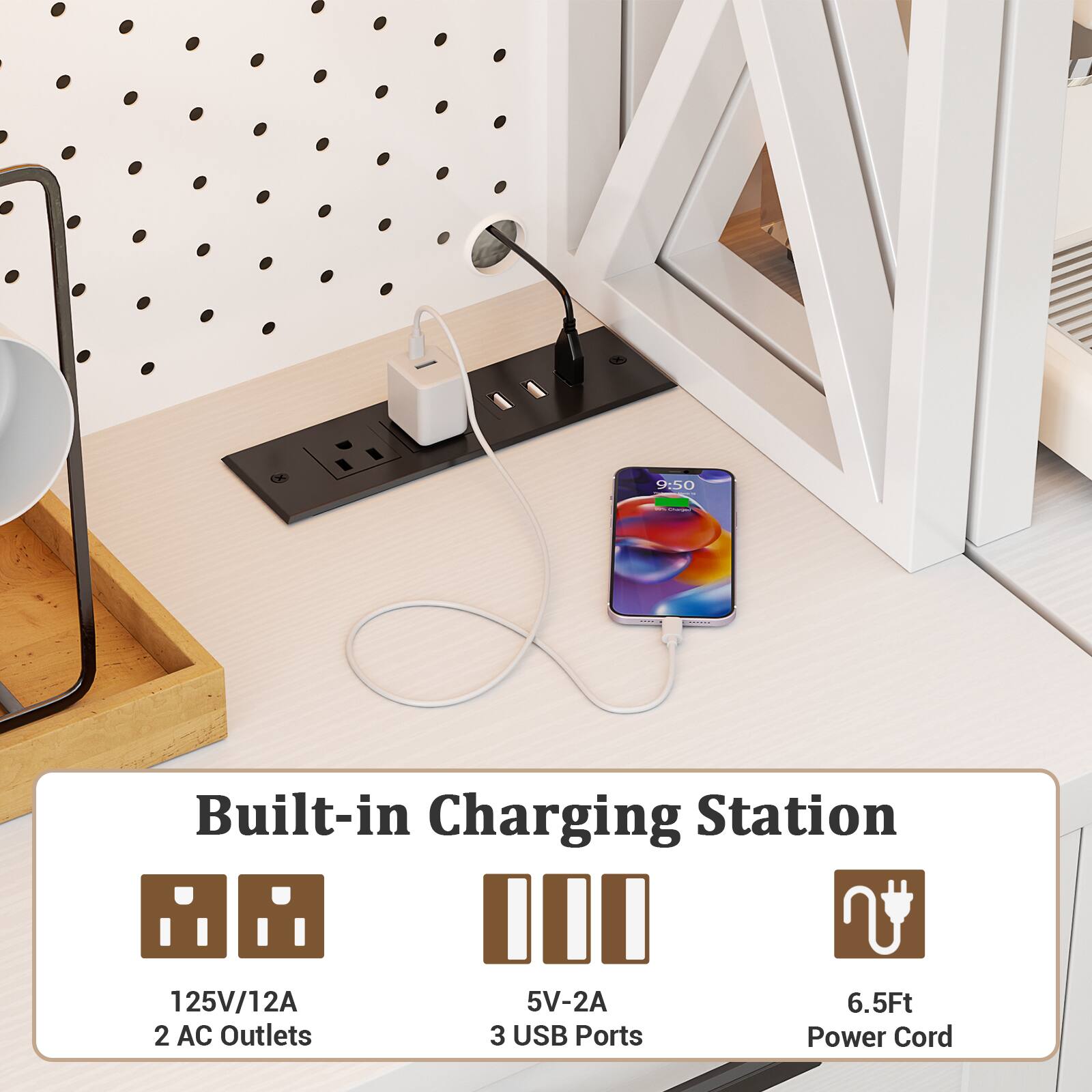 Built-in Charging Station  
125V/12A  
2 AC Outlets  
5V-2A  
3 USB Ports  
6.5Ft Power Cord